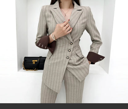 Women’s Khaki Striped Slim-Fit Suit – Tailored Blazer with Foldable Cuffs
