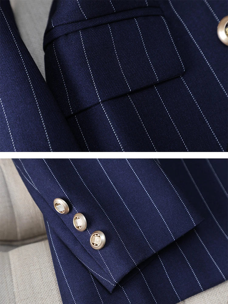 Navy Blue Striped Blazer and Trousers Suit