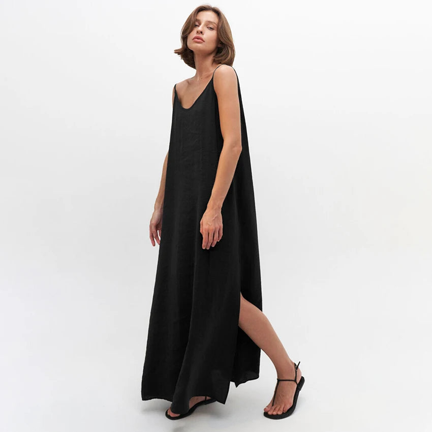 Lined Casual Long Back Deep V Dress