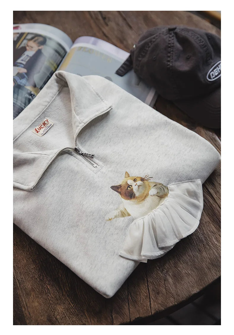 Dancing Ballet Cat Cotton Light Gray Sweatshirt