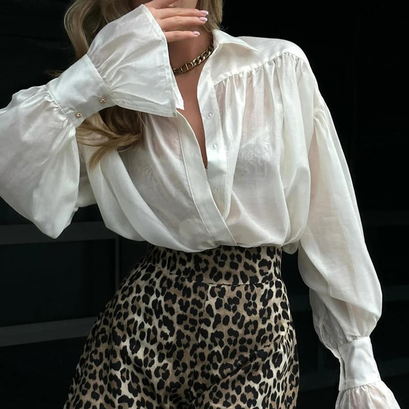 Button Down See Through Shirt Flare Sleeve Collared Solid Blouse