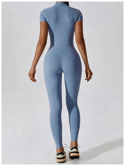 Seamless Short-Sleeve Front Zipper Yoga Jumpsuit