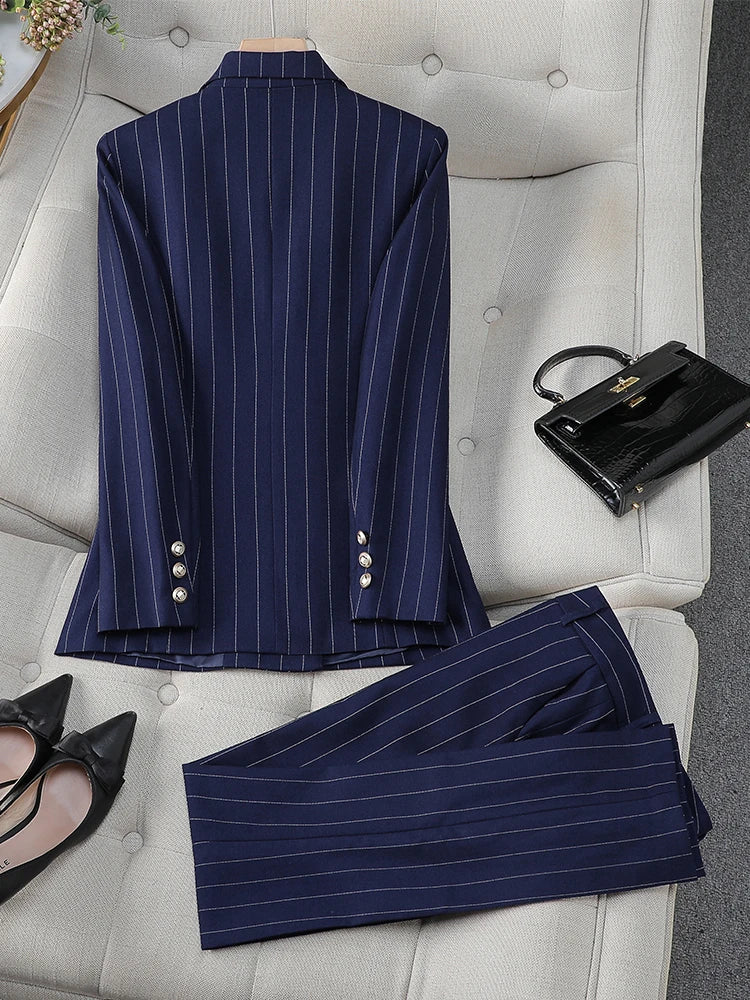 Navy Blue Striped Blazer and Trousers Suit