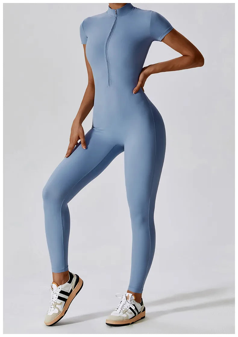 Seamless Short-Sleeve Front Zipper Yoga Jumpsuit