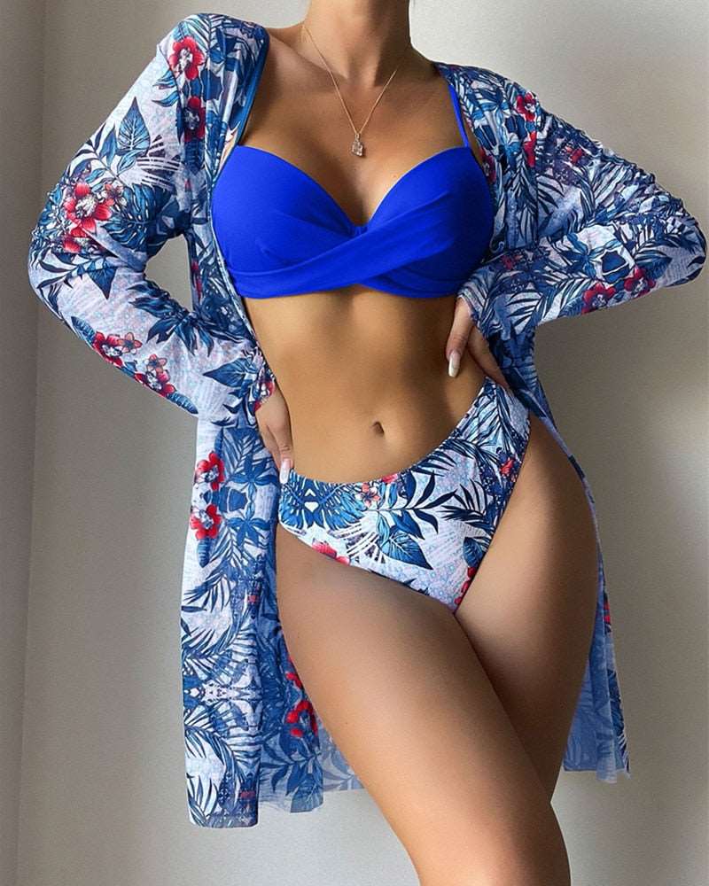 13 Color Floral 3 Pieces Low Waist Bikini Set with a Matching Cover-up Kimono