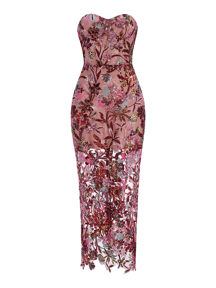 Strapless Sequin Floral Long Dress – Ankle-Length Gown