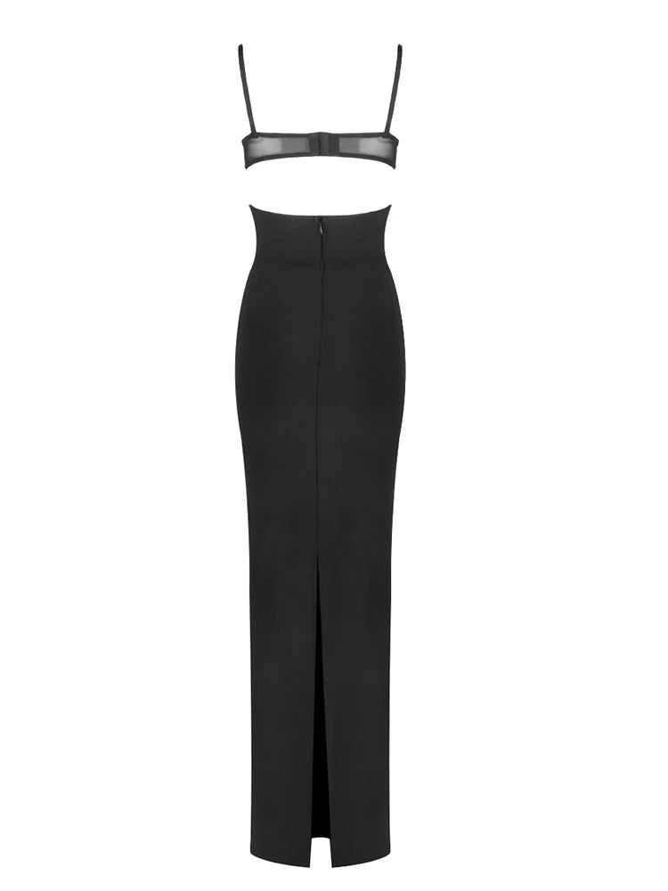 Spaghetti Strap Mesh Details Cut-Out Black Dress