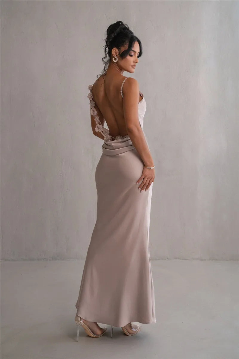 Spaghetti Straps Backless Flowers Back Details Satin Dress - Bridesmaid Dress