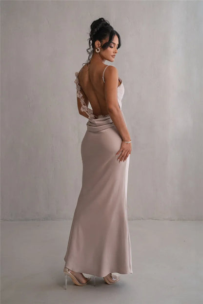 Spaghetti Straps Backless Flowers Back Details Satin Dress - Bridesmaid Dress