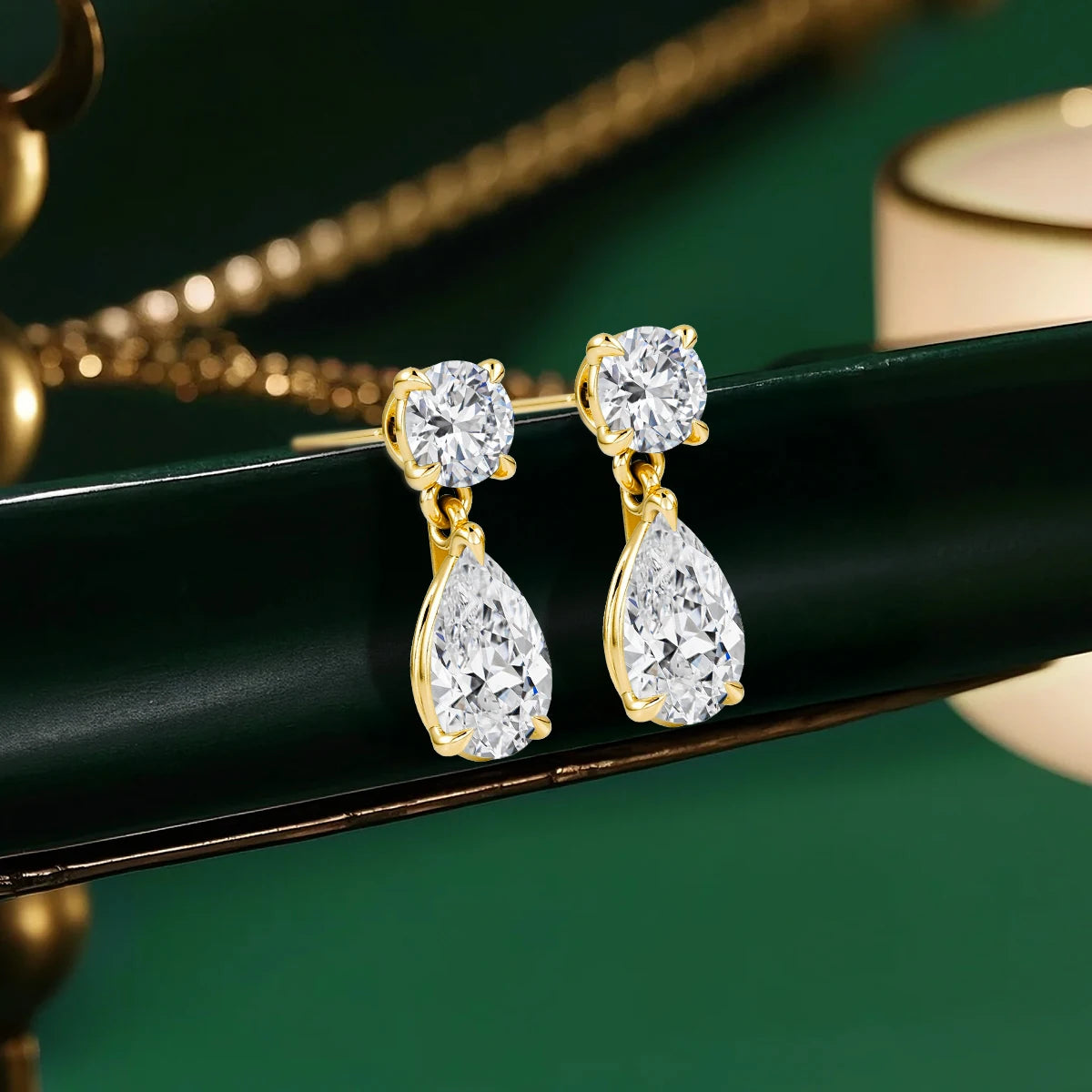 18K Gold Plated Two-Stone Moissanite Earrings Round & Pear Cut