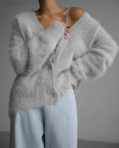 V Neckline Fluffy Oversized Winter Cardigan