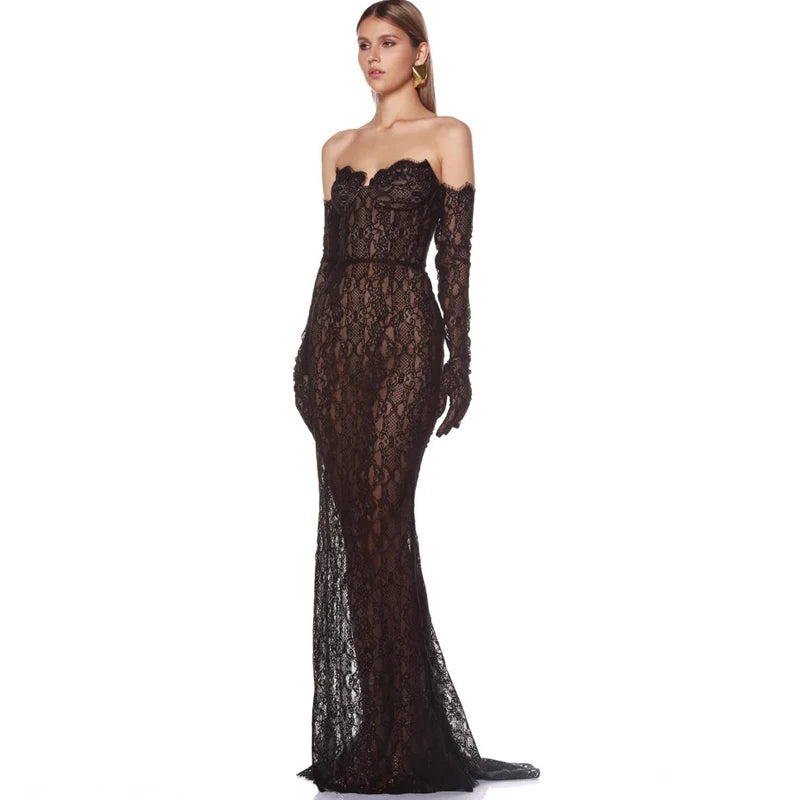 Strapless Lace Black Tie Gown Dress with Matching Lace Gloves
