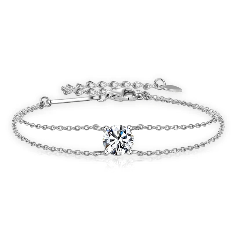 1 Carat Moissanite Double Chain White Gold Bracelet