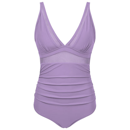 V Neckline Mesh Details Full Coverage Swimsuit