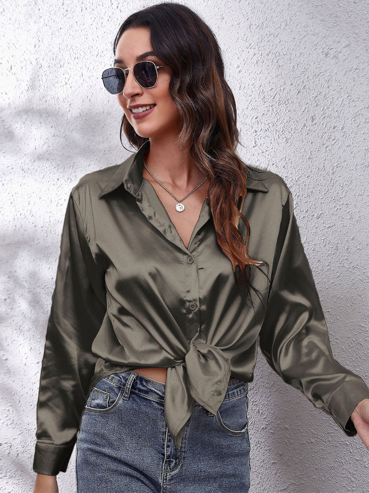 Loose Fit Satin Long Sleeve Button Up Blouse Shirt