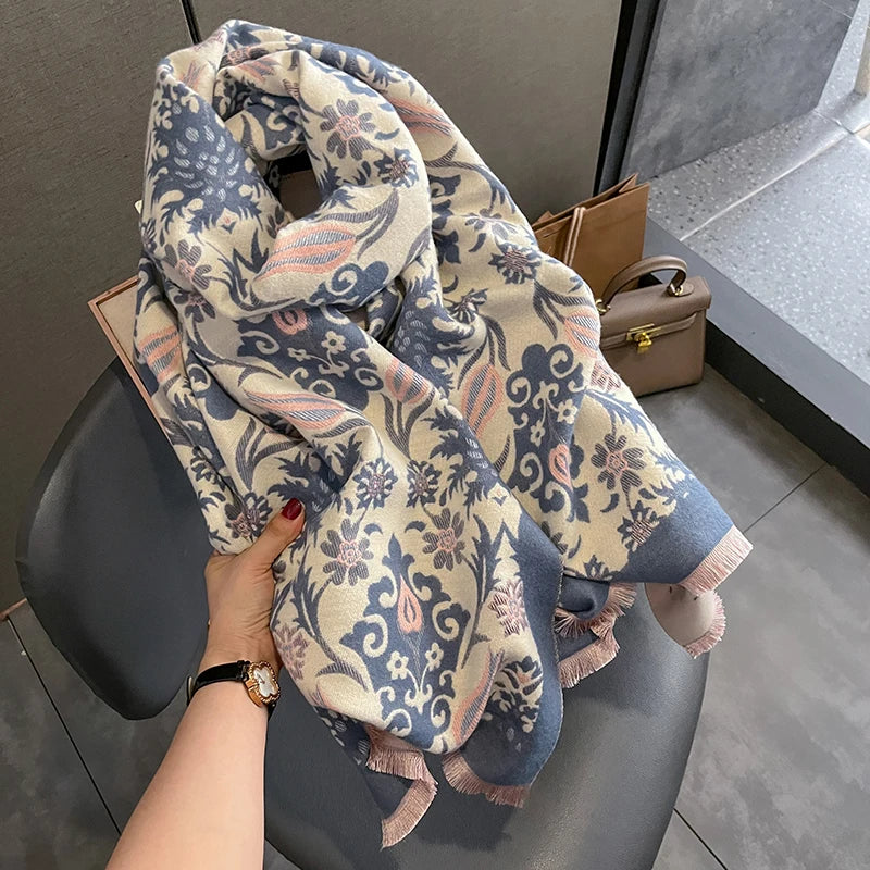 Double-Sided Tulip Flower Print Cashmere Pashmina Scarf