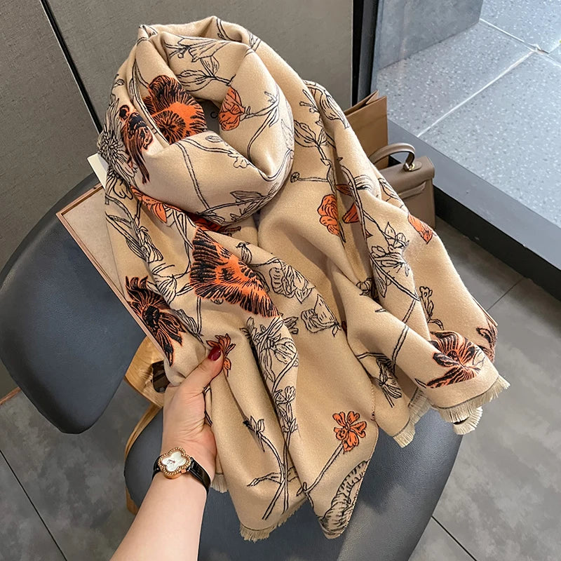 Poppy Flower Print Cashmere Scarf 180* 65 CM Double-Sided Scarf