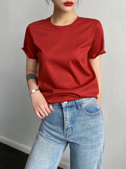 Mulberry Silk Solid Color Round Neckline T-Shirt