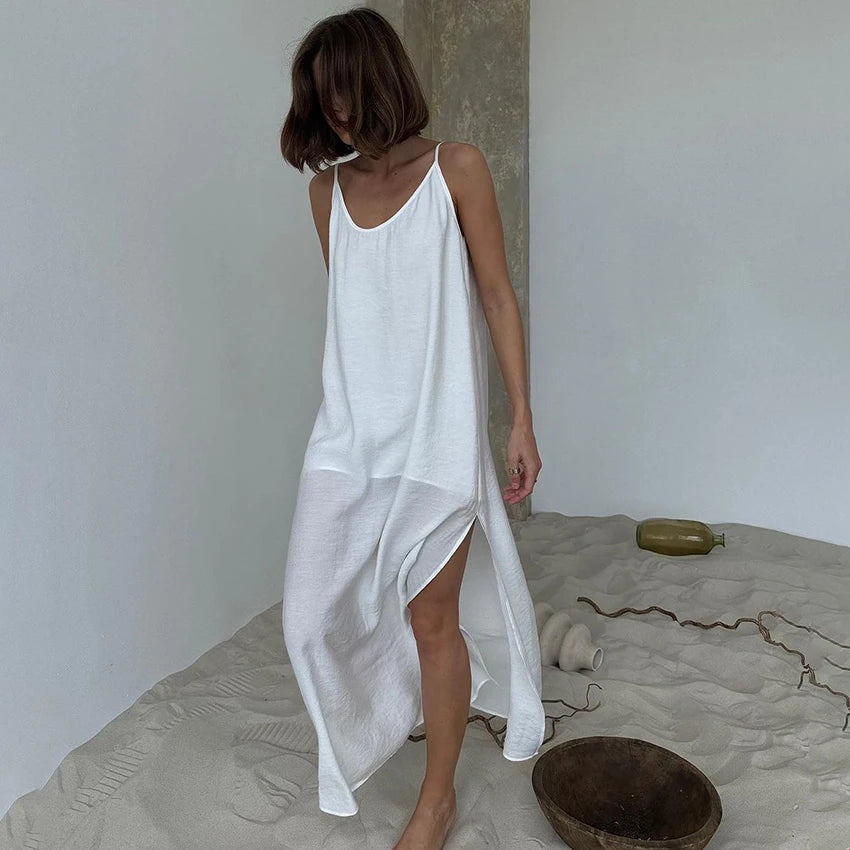 Lined Casual Long Back Deep V Dress