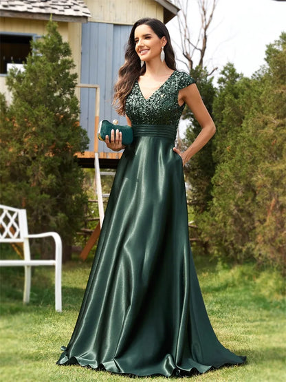 Cap Sleeves V-Neckline Satin Sequin Bridesmaid Dress – Emerald A-Line Gown