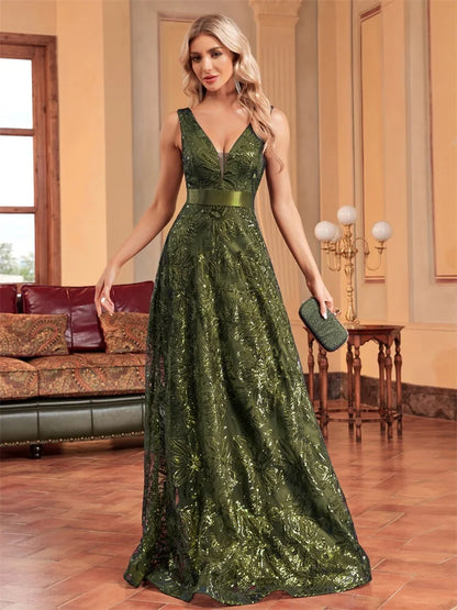 Deep V-Neckline Floral Sequin Details A-Line Evening Dress