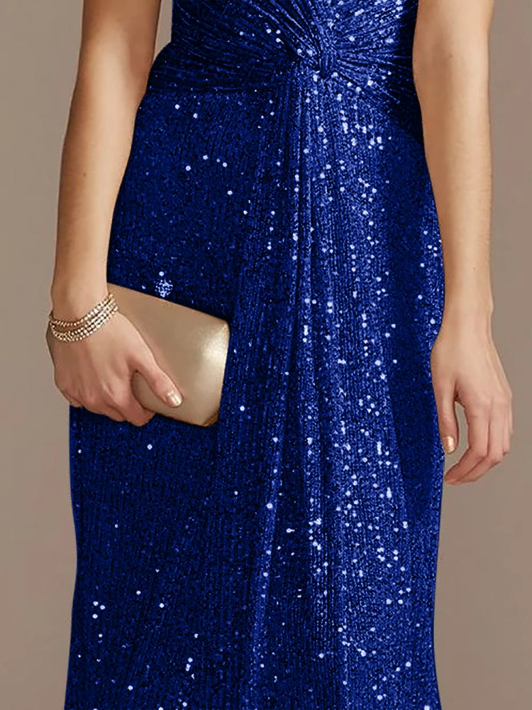 Short Sleeve V-Neckline Floor Length Evening Dress - Sequin Mother of the Bride Dress