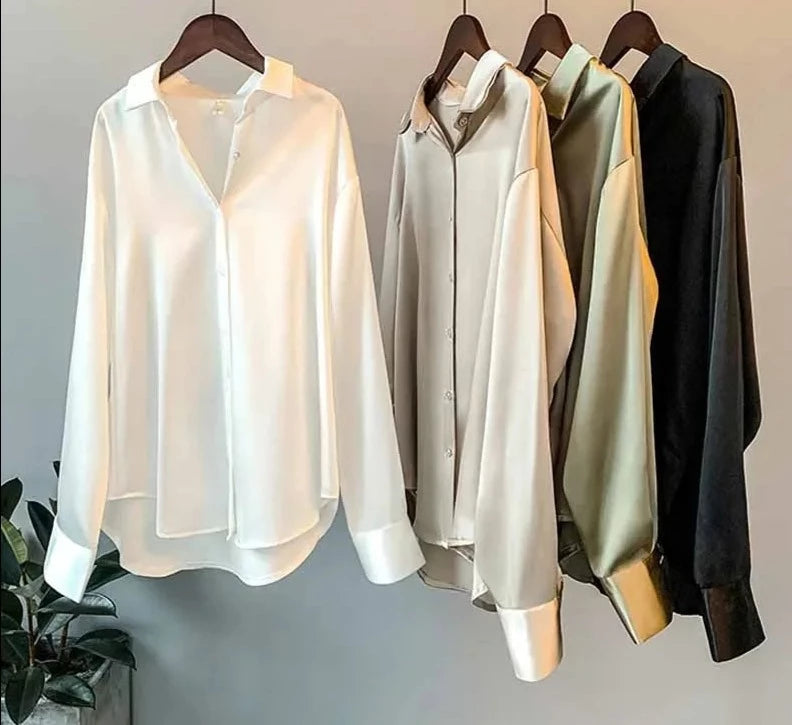 Long Sleeve Button Up Silk Like Blouse Shirt