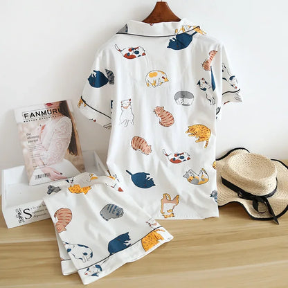 Cats Print 100% Cotton Short Sleeve Shorts Pajama Set