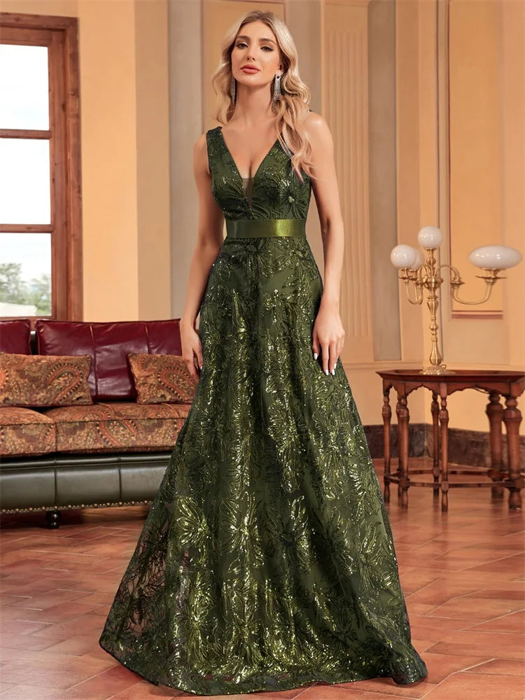 Deep V-Neckline Floral Sequin Details A-Line Evening Dress