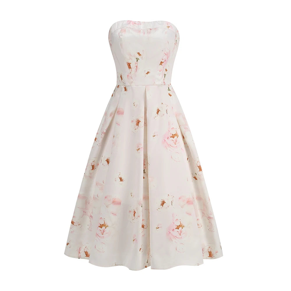 Strapless Floral Print A-Line Dress