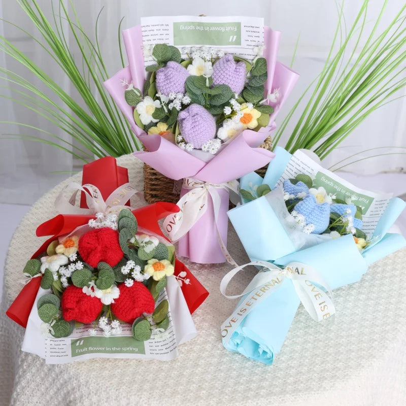 Handmade Crochet Knitted Flowers Bouquet - Valentine's Day Gift For Her