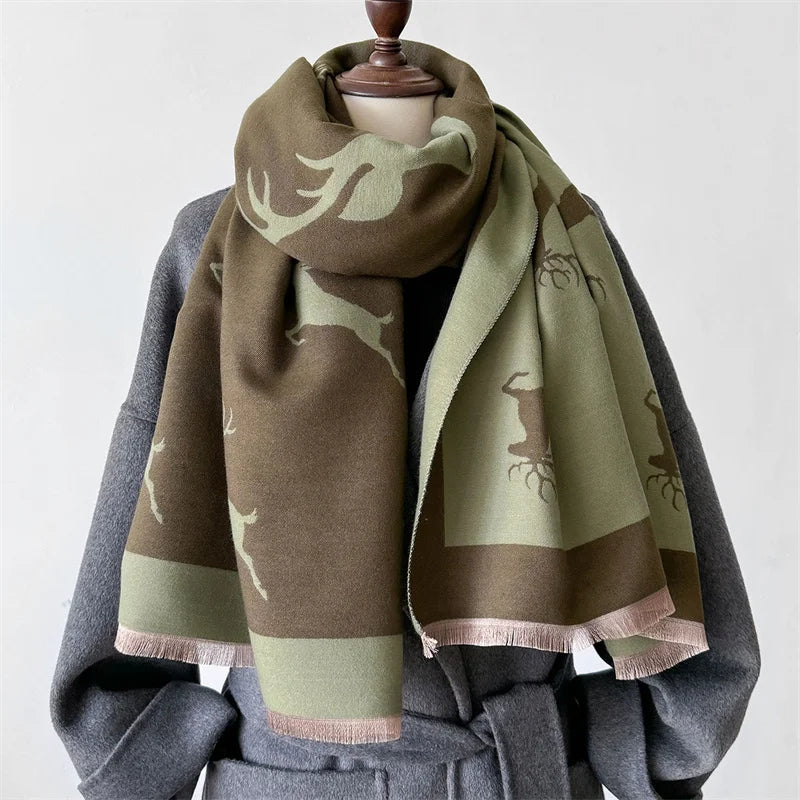 Luxury Cashmere Scarf - Deers Print Double-Sided Pashmina