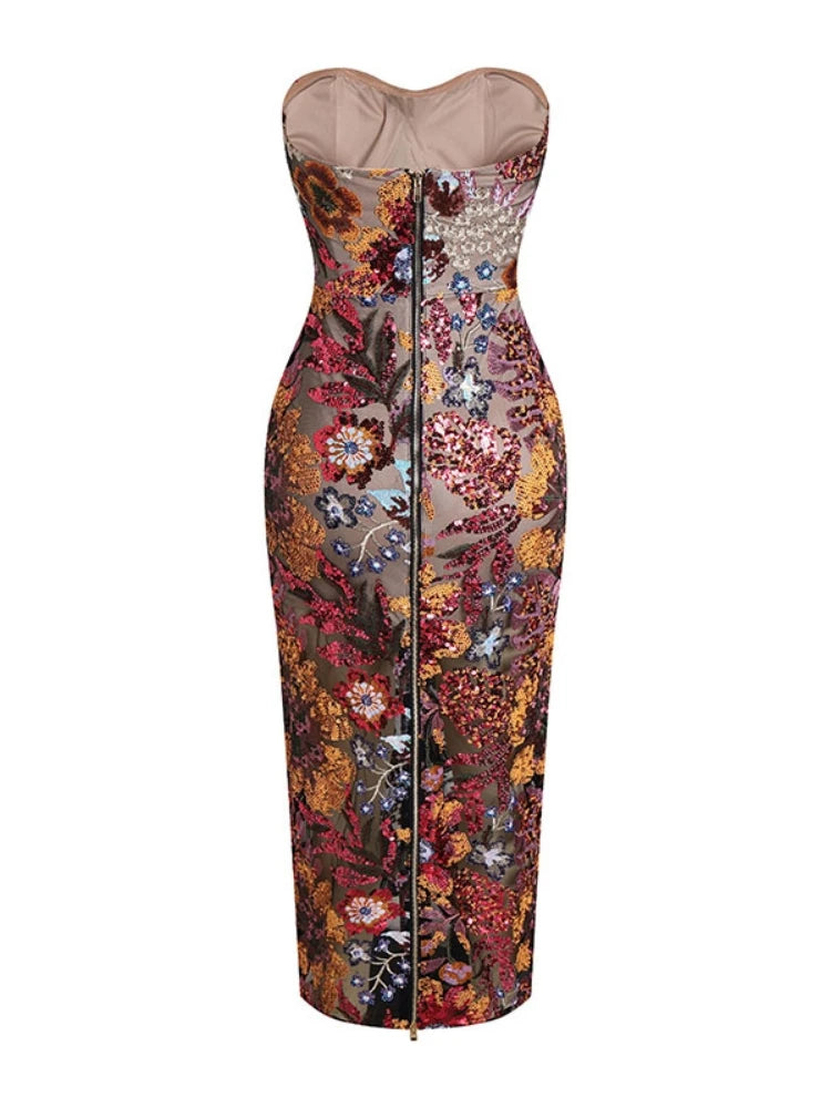 Strapless Sequin Floral Long Dress – Ankle-Length Gown