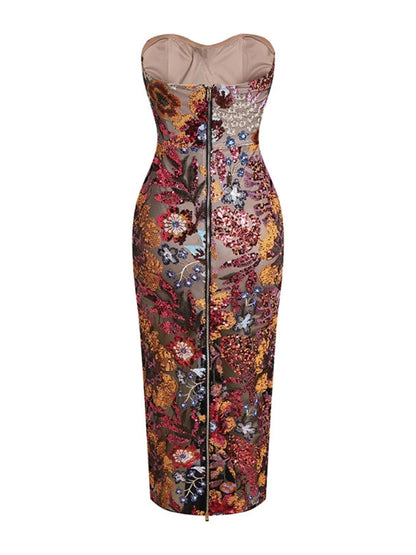 Strapless Sequin Floral Long Dress – Ankle-Length Gown