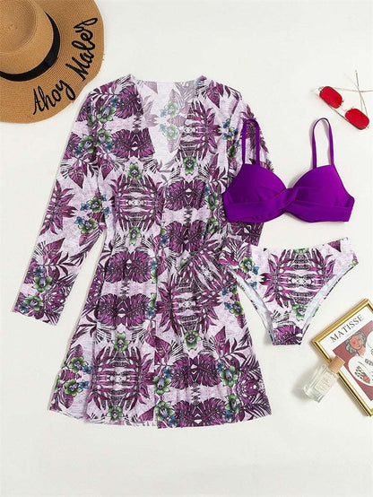 Floral 3 Pieces Low Waist Bikini Set with a Matching Cover-up Kimono