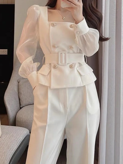 Square Neckline Top and Trousers Semi-Formal White Suit