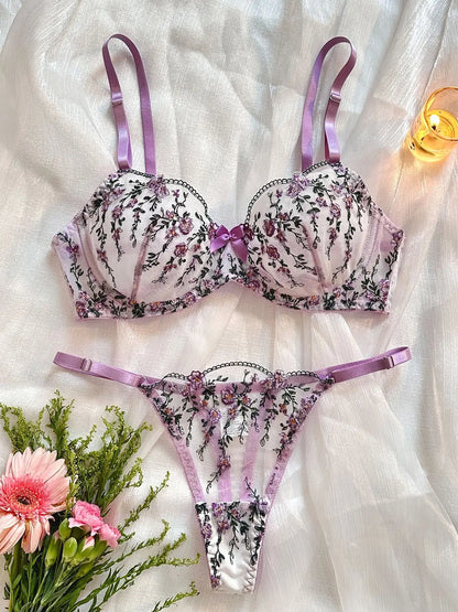 Lace Flowers Embroidery Lingerie Set - Lace Bra & Brief Underwear Set