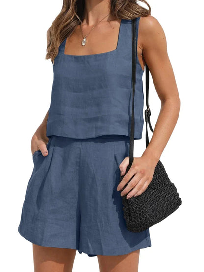 Linen Square Neckline Sleeveless Top and Shorts Set