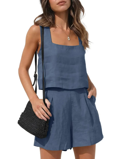 Linen Square Neckline Sleeveless Top and Shorts Set