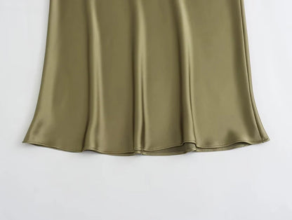 A-Line High Waist Satin Midi Skirt