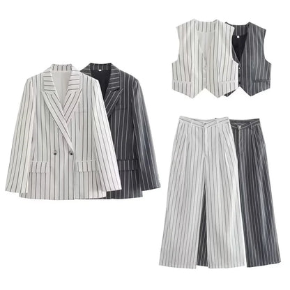 Women's 3 Pcs Striped Suit Blazers, Vest, and Wide Leg Trousers Suit