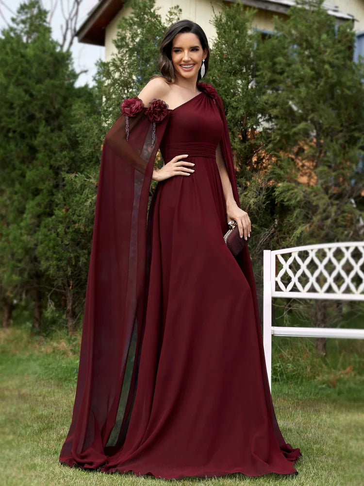 One Shoulder Very Long Sleeve Chiffon Evening Dress – Plus Size Dress with Flower Details