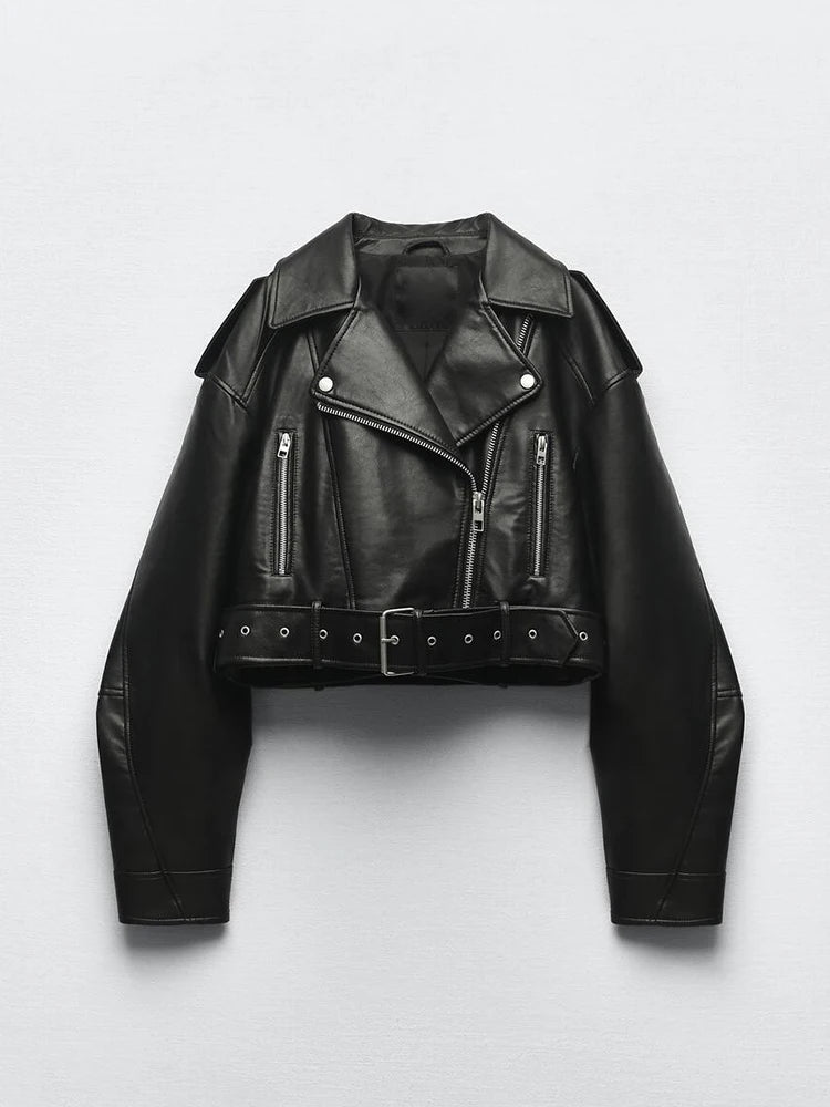 Black Cropped Leather Jacket With Belt