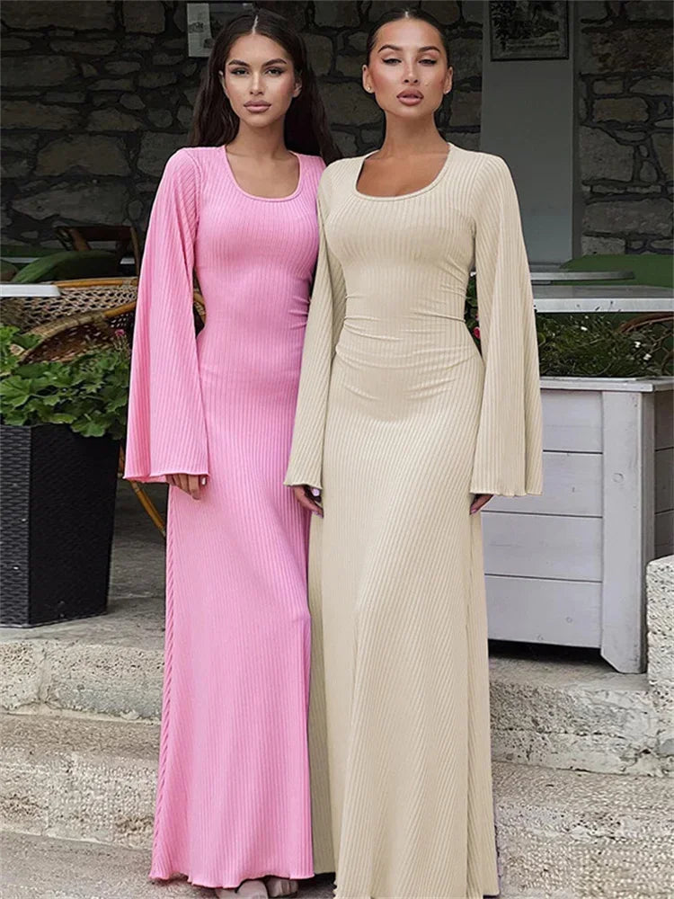 U Neckline Long Sleeve Knitted Maxi Dress