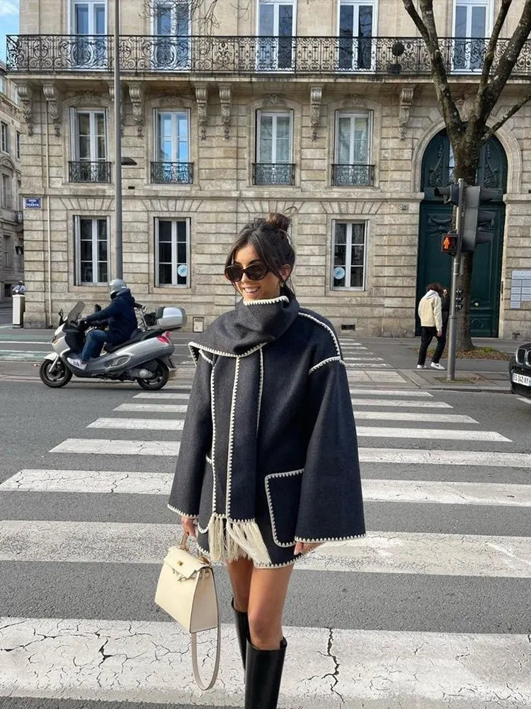 Woolen Cape Coat With Tassel Scarf