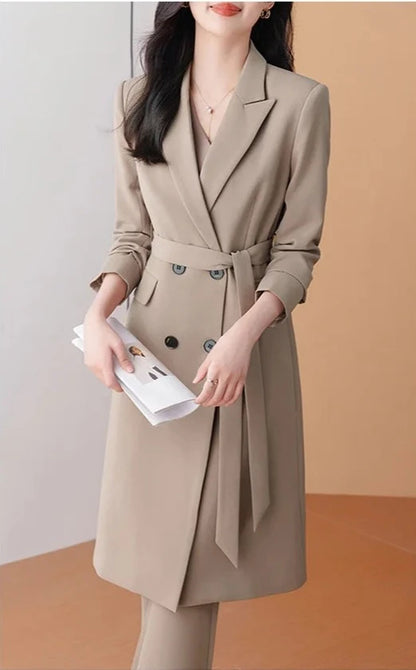 Women 2 Pcs Formal Suit Long Blazer and Straight Pants Suit