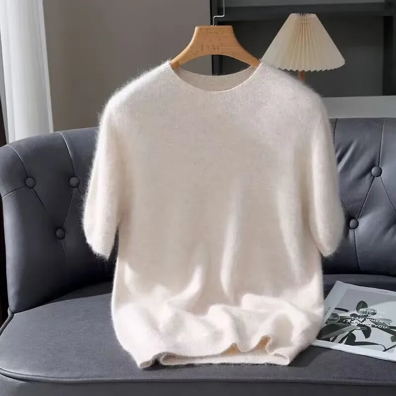 100% Mink Cashmere Round Neck Knitted T-Shirt Sweater