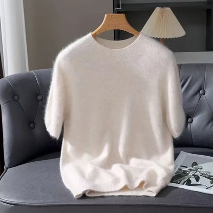 100% Mink Cashmere Round Neck Knitted T-Shirt Sweater