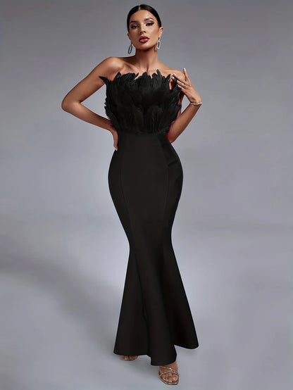 Strapless Feather Chest Mermaid Long Bandage Black Dress