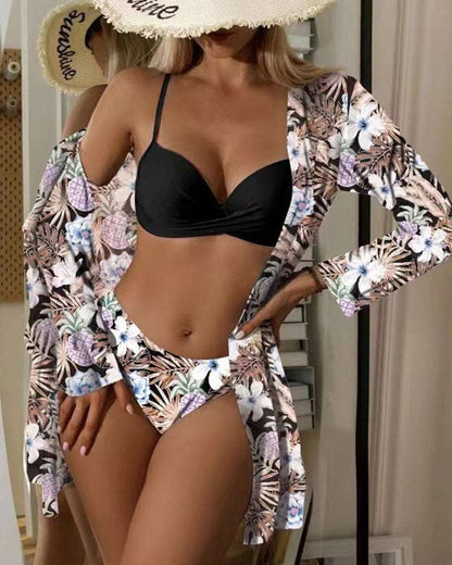 Floral 3 Pieces Low Waist Bikini Set with a Matching Cover-up Kimono